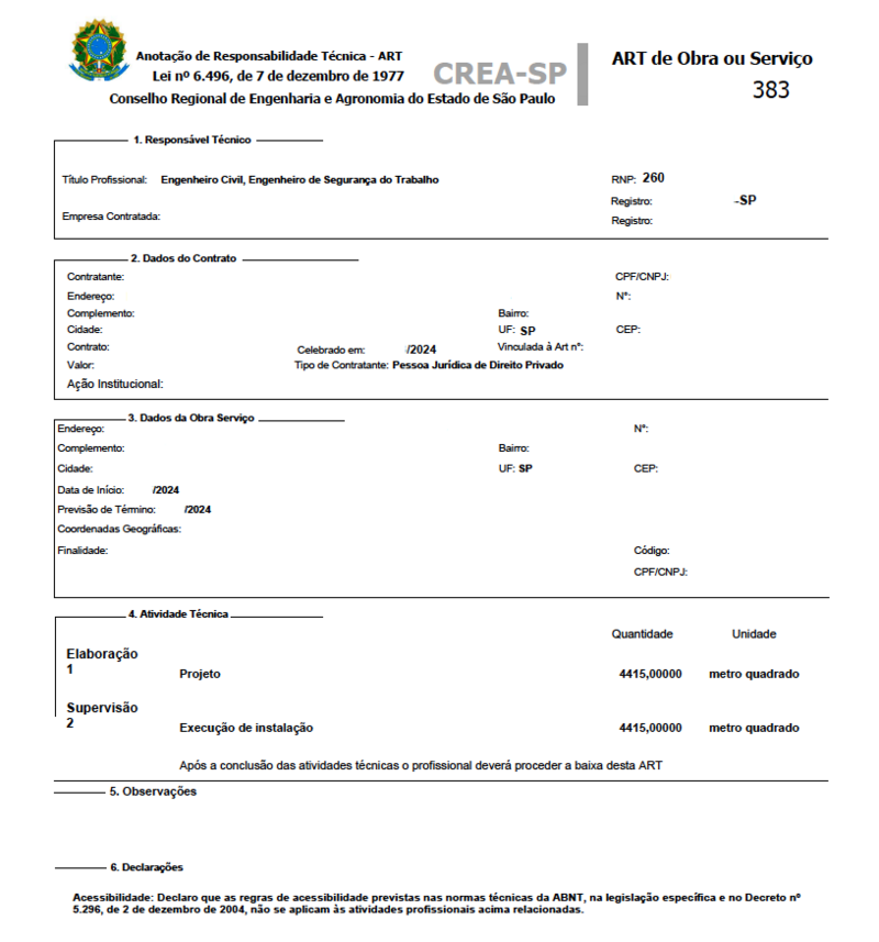 Modelo em branco de ART — Anotação de Responsabilidade Técnica do CREA-SP