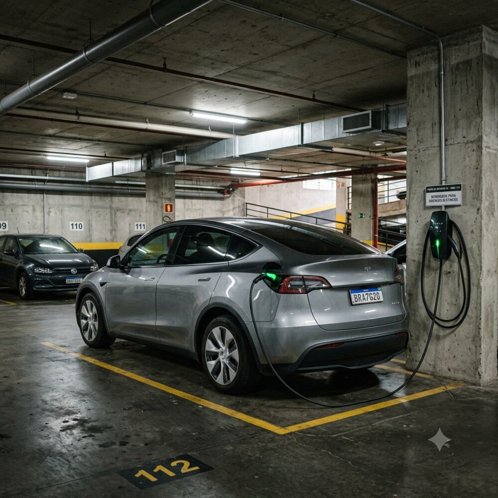 Carregador de veículo elétrico instalado em vaga de garagem de condomínio