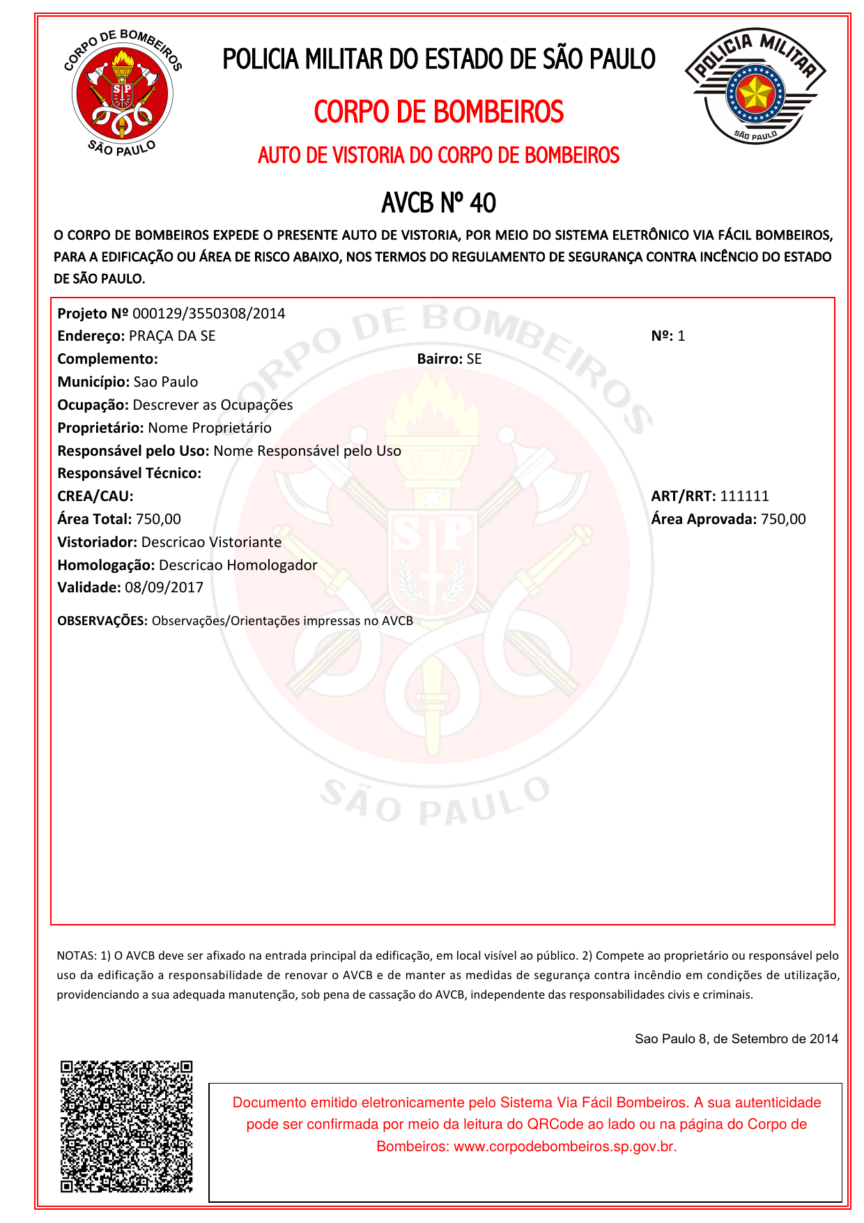 Modelo ilustrativo de Auto de Vistoria do Corpo de Bombeiros (AVCB)