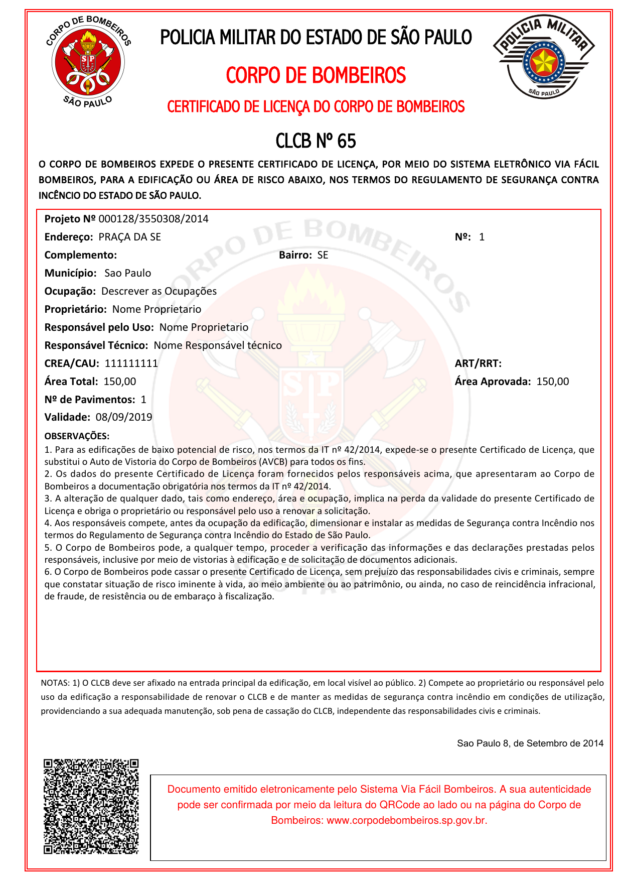 Modelo ilustrativo de Certificado de Licença do Corpo de Bombeiros (CLCB)